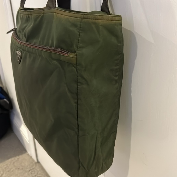 Authentic Prada Zippered Tote 12 X 14 In Dark Green & Dark Brown Straps - Picture 3 of 13